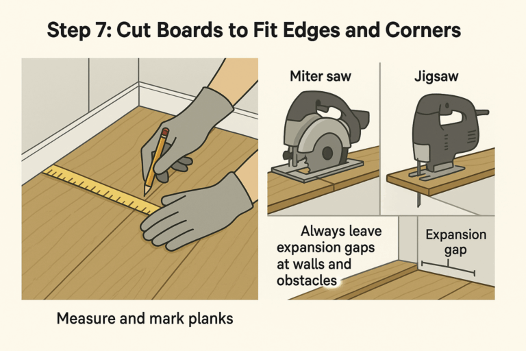 Illustration showing the steps for cutting boards with a miter saw and jigsaw, including measuring and marking planks.