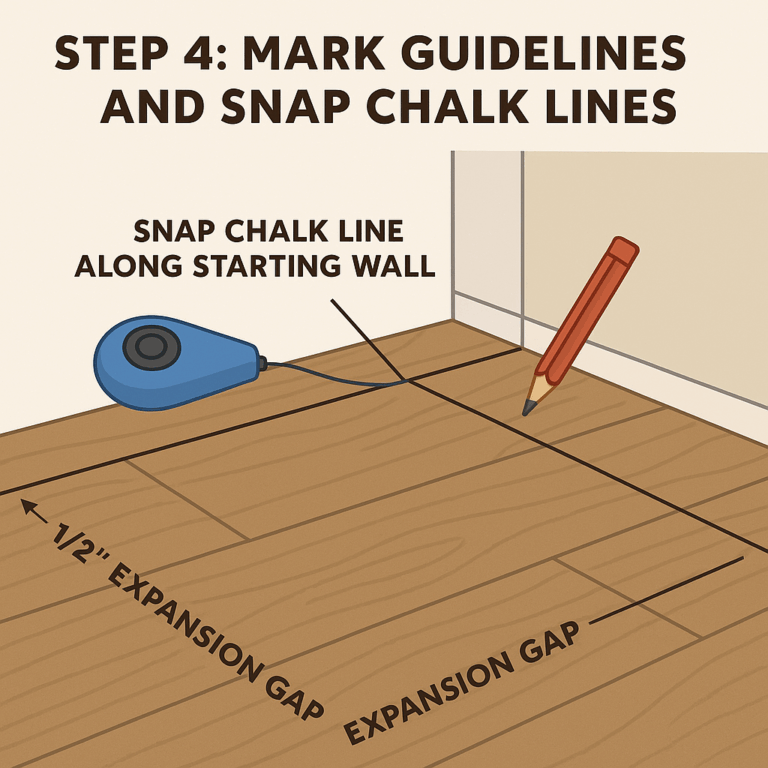 Illustration showing step 4 of flooring installation, featuring a tape measure, pencil, and chalk line with guidelines for expansion gaps.